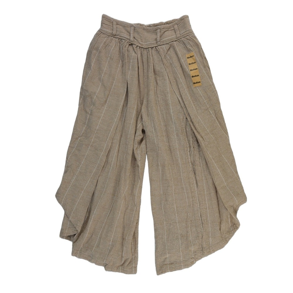 Free People Pants Women's Size Medium Tan Pinstripe Smocked Wide Leg 100% Cotton